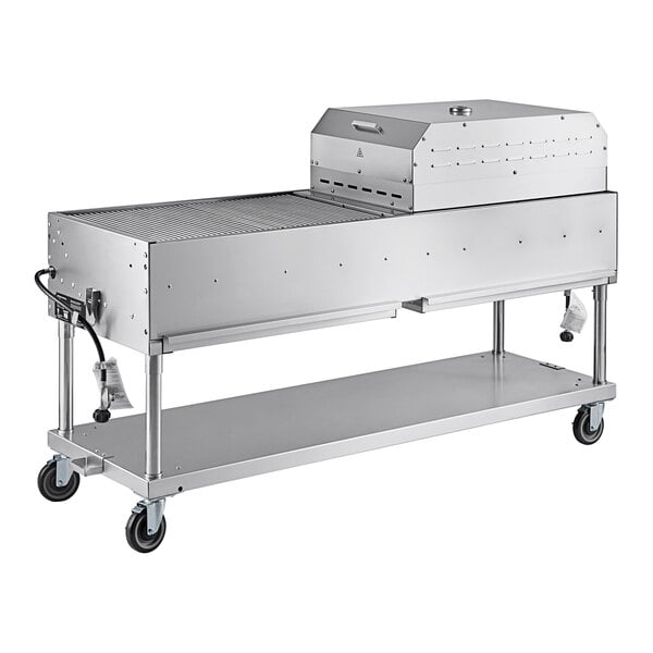 A Backyard Pro stainless steel grill on wheels.