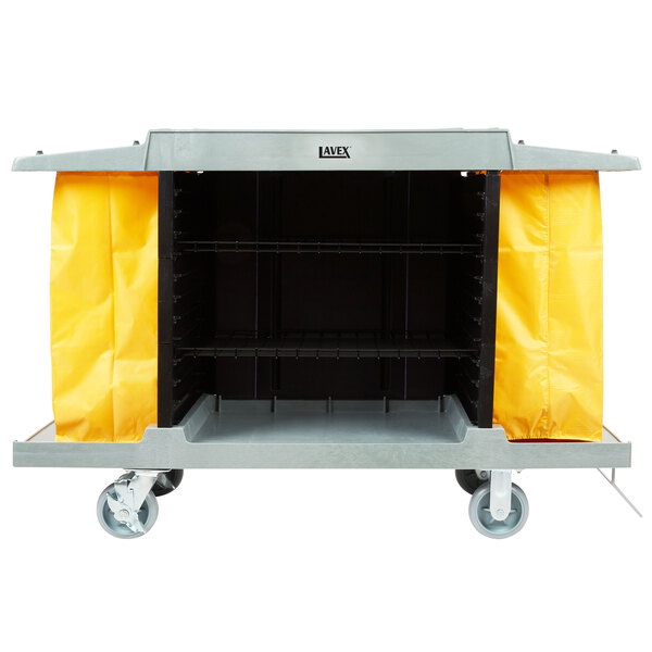 A small black and yellow Lavex Hotel housekeeping cart with three shelves and wheels.