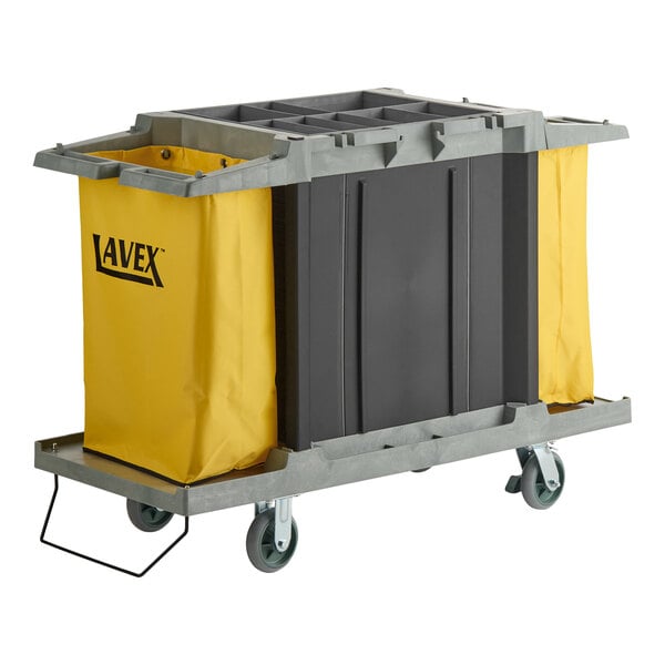 A small Lavex hotel or housekeeping cart with three shelves and yellow side bags.