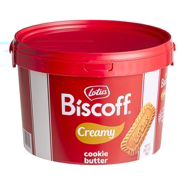 A red and white pail of Lotus Biscoff creamy cookie butter spread.
