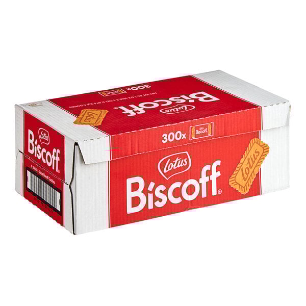 A white and red Lotus Biscoff box with white text.