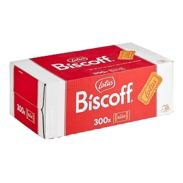A red and white Lotus Biscoff box on a white background.