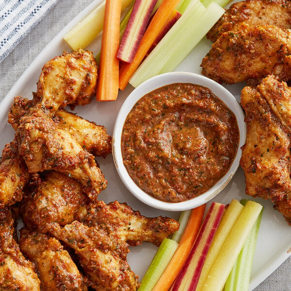 A plate of chicken wings with celery and carrots and a bowl of red Armanino Southwest Chipotle Pesto.