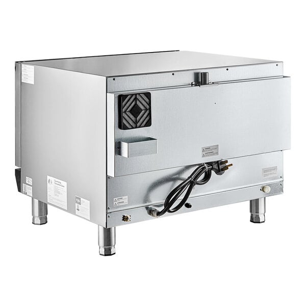 A silver rectangular metal box with a black cord.