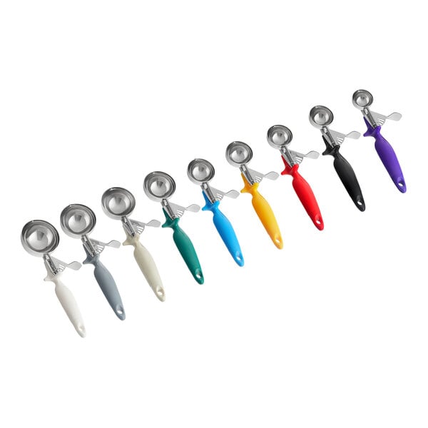 A set of six Choice ergonomic thumb press ice cream scoops in different colors.