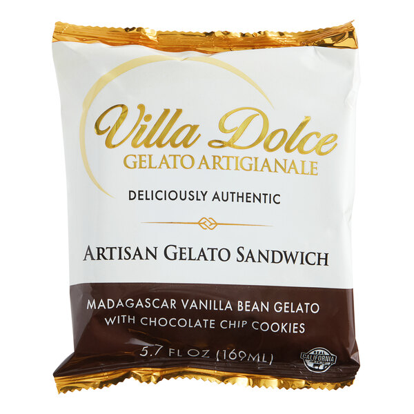 A package of Villa Dolce Vanilla Bean Gelato Chocolate Chip Cookie Sandwiches on a white surface.