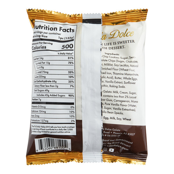 A bag of Villa Dolce Vanilla Bean Gelato Chocolate Chip Cookie Sandwiches.