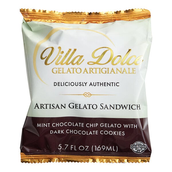A package of Villa Dolce mint chocolate chip gelato cookie sandwiches.