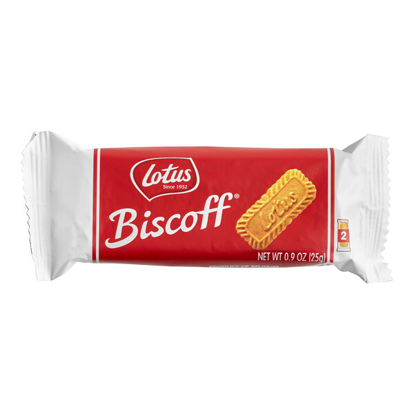 A red Lotus Biscoff package with 2 individually wrapped biscuits inside.