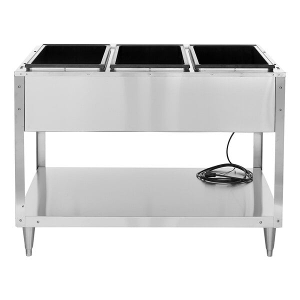 A stainless steel electric three-pan hot food table with a lower shelf and power cord.