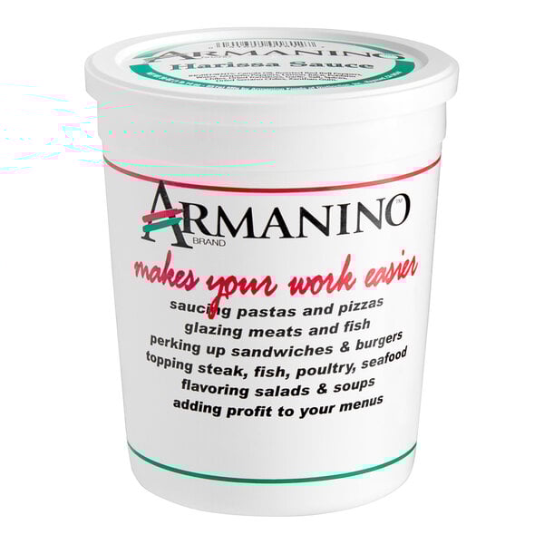A white Armanino container of Harissa Sauce with a black lid and label.