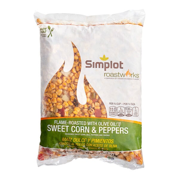A white bag of Simplot RoastWorks flame-roasted sweet corn and peppers.