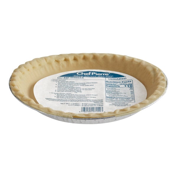 A Chef Pierre unbaked 10" pie shell in plastic packaging.