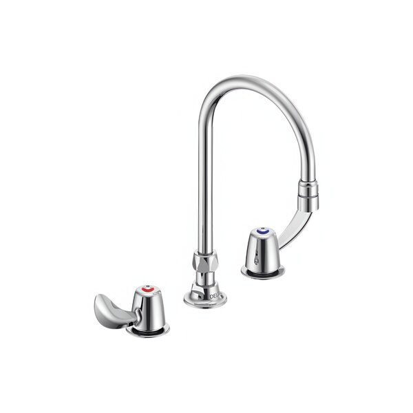A chrome Delta deck-mount faucet with dual vandal-resistant blade handles.
