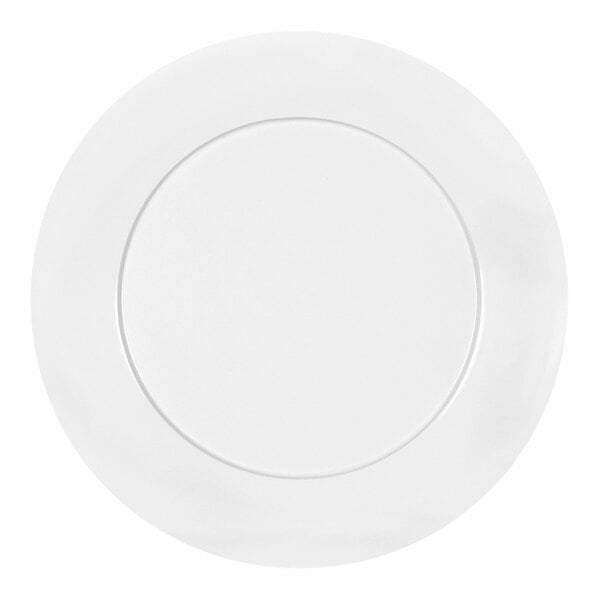 A white melamine plate with a round edge and a white rim.