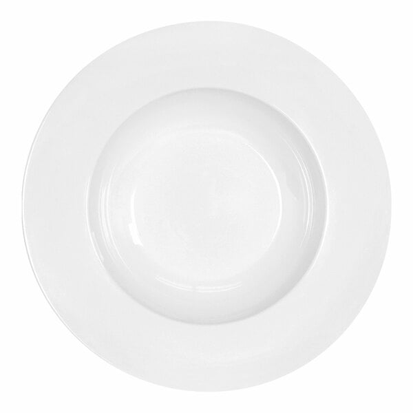 A white Cal-Mil melamine bowl with a white rim.