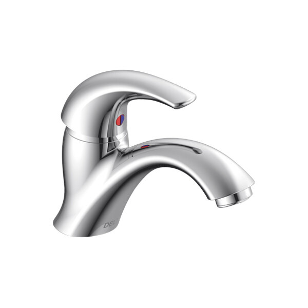 A close-up of a chrome Delta single handle deck-mount faucet.