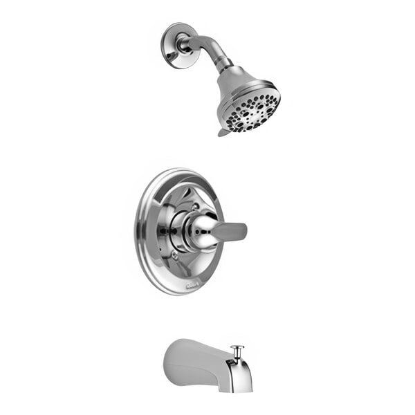 A chrome Delta shower faucet with a shower head.