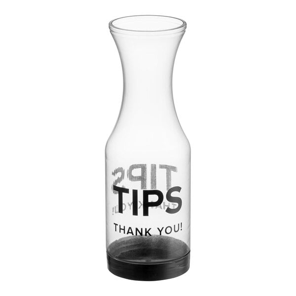 A clear plastic tip jar with a black lid and label.