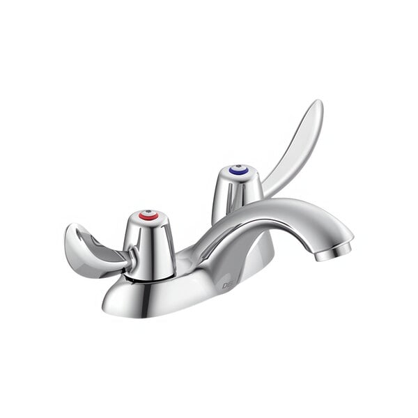 A close-up of a Delta chrome deck-mount lavatory faucet with hooded blade handles.