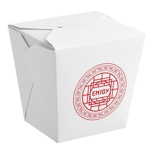 A white Emperor's Select take-out container with red text on it.