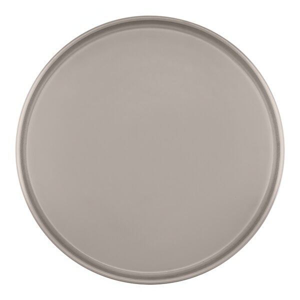 A grey Cal-Mil melamine plate with a raised rim.