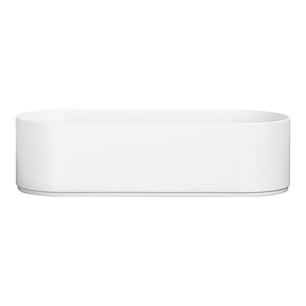A white oval raised rim melamine bowl.