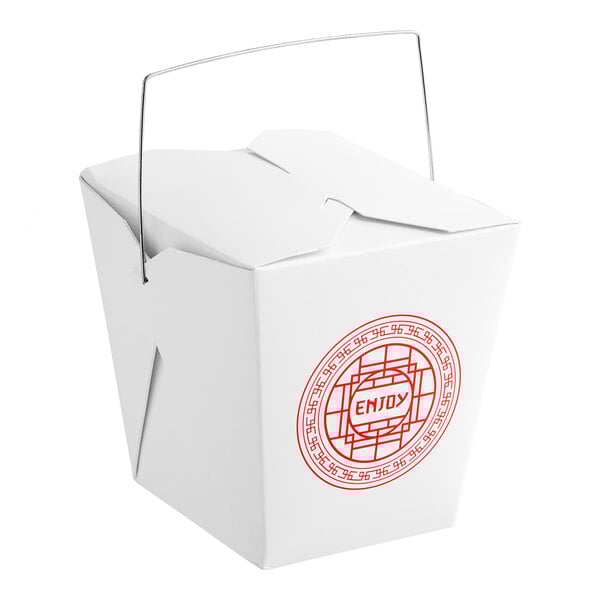 A white Emperor's Select Asian paper take-out box with a wire handle.