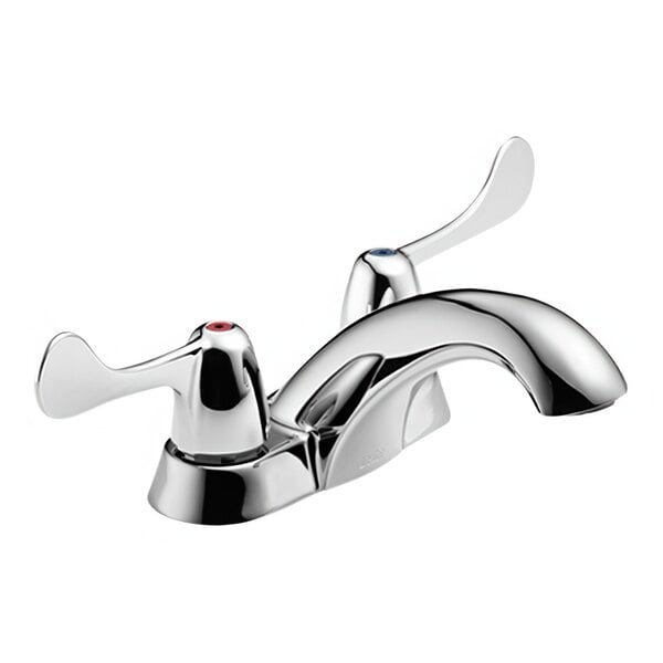 A close-up of a Delta chrome deck-mount faucet with blade handles.