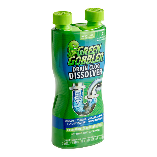 A Green Gobbler dual chamber liquid drain clog dissolver bottle.