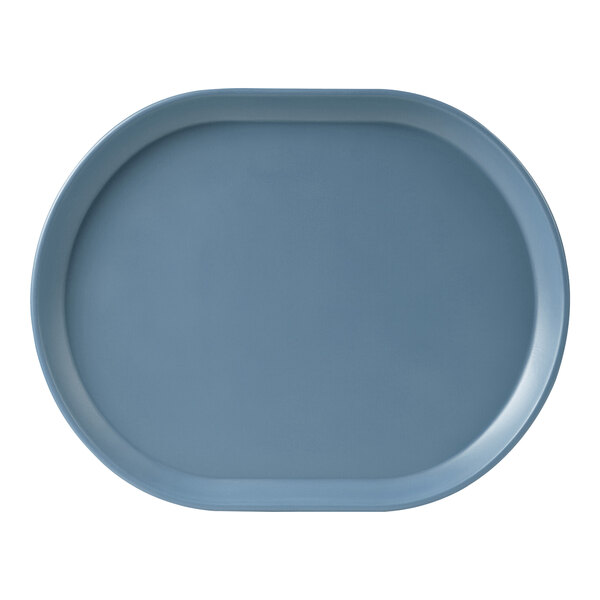 A blue oval melamine platter with raised rims.