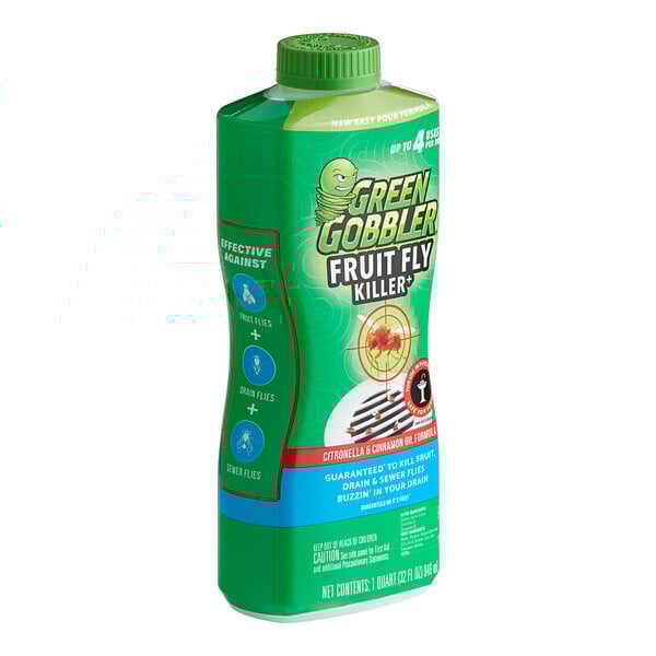 A green and white Green Gobbler container with a label.
