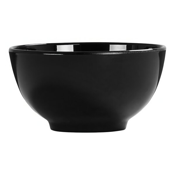 A close up of a black Cal-Mil melamine bowl.