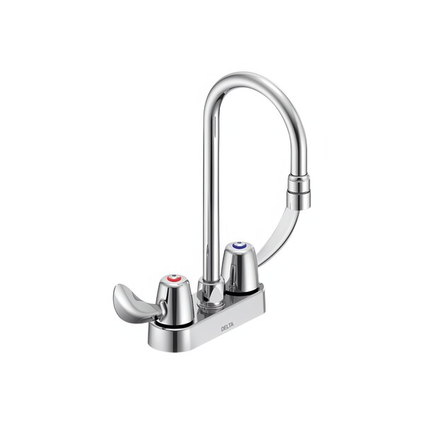 A silver Delta deck mount lavatory faucet with hooded blade handles.
