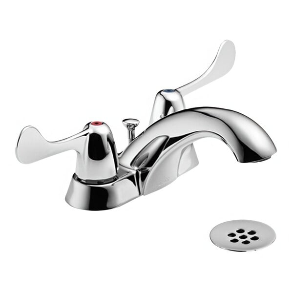 A Delta chrome deck-mount lavatory faucet with blade handles and a metal grid strainer.