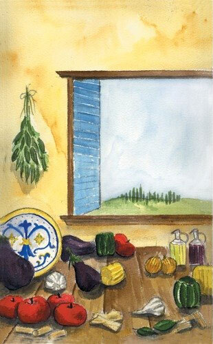 A painting of a Mediterranean kitchen with a window, table of vegetables, and a blue and yellow plate.