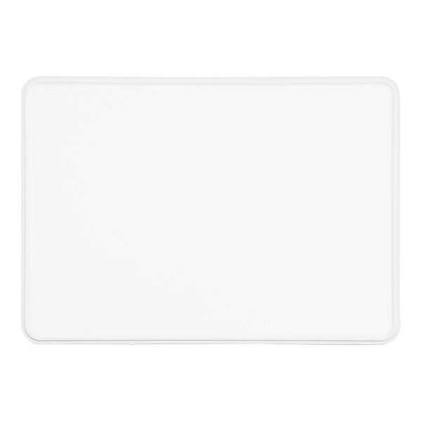 A white rectangular melamine platter with a raised rim.