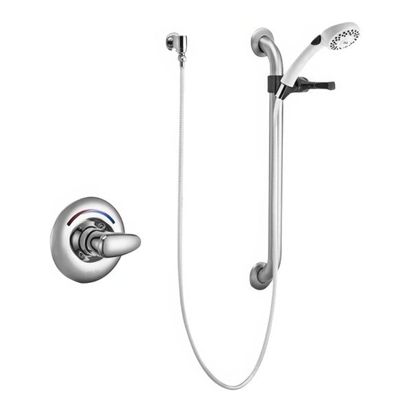 A Delta universal shower head, grab bar, and faucet.