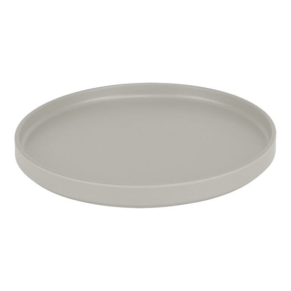A round white plate with a low gray rim.