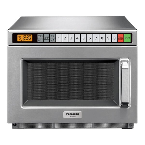 A Panasonic stainless steel commercial microwave oven with a digital display.