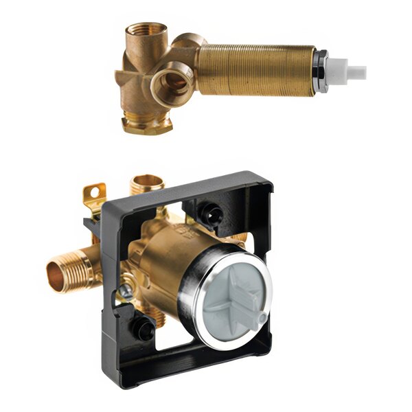 A brass Delta MultiChoice tub and shower valve body and diverter valve.