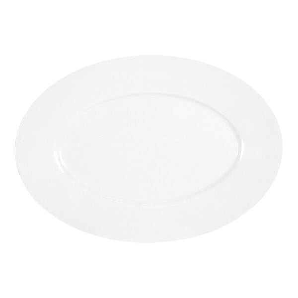 A white oval Cal-Mil melamine platter with a round edge.