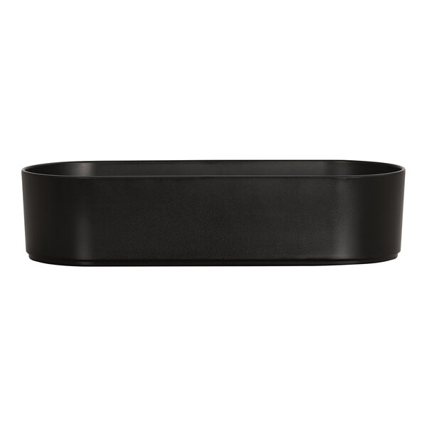 A black rectangular raised rim melamine bowl on a counter.