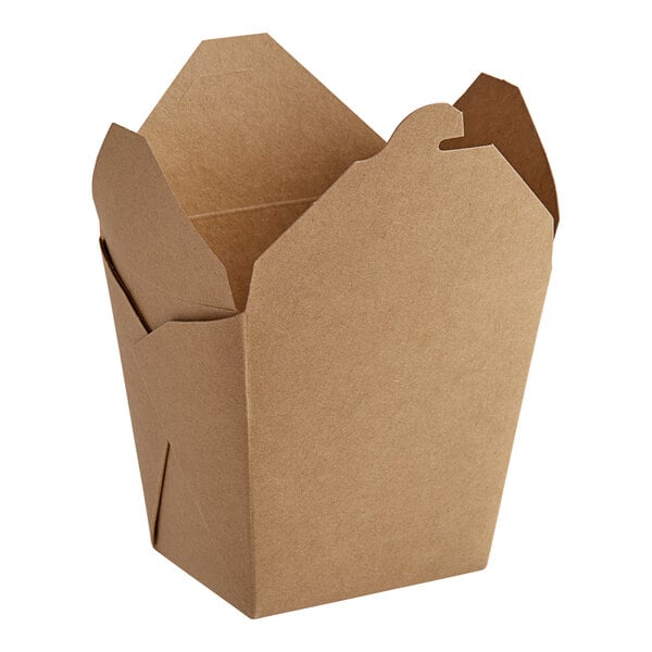 A package of Emperor's Select microwavable brown paper take-out boxes with lids.