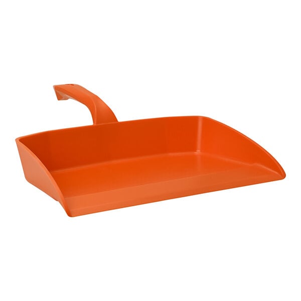 An orange plastic Vikan dustpan with a handle.