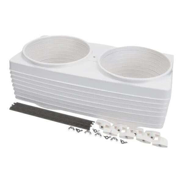 A white plastic can holder assembly with hardware for a Master-Bilt ice cream freezer.