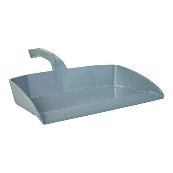 A grey plastic Vikan dustpan with a handle.