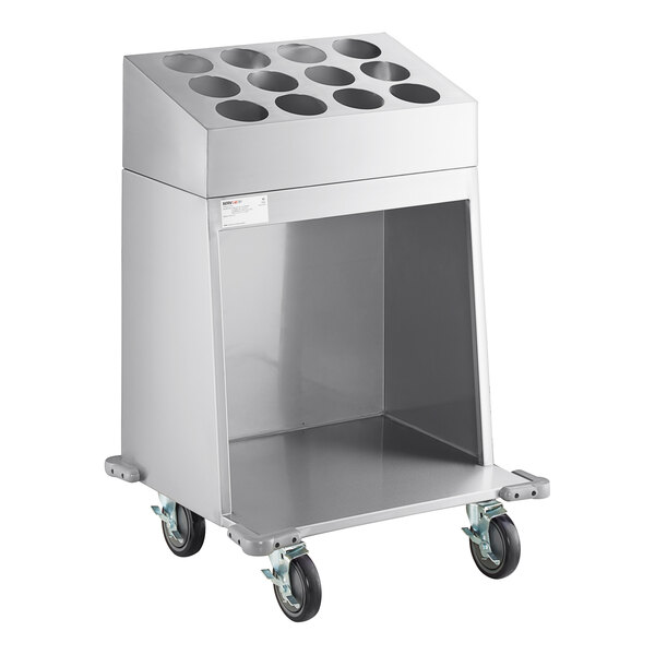 A silver metal ServIt flatware cart with shelves and wheels.