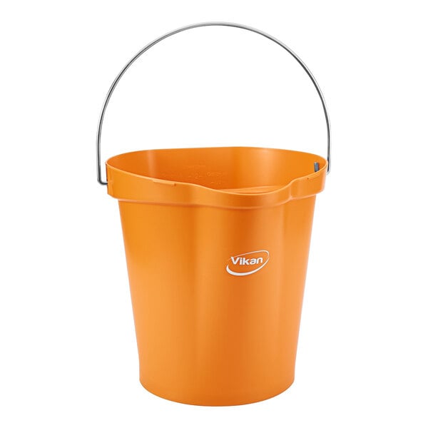 An orange Vikan hygiene bucket with a handle.