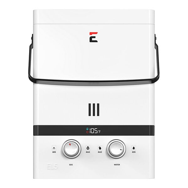 A white rectangular Eccotemp portable outdoor tankless water heater with knobs and dials.